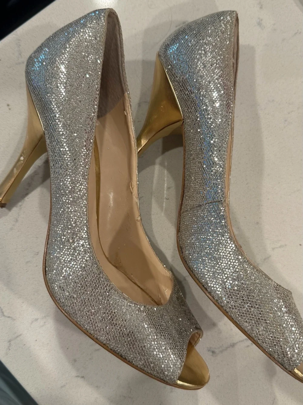 Nine West Silver Glitter Open-Toe Pumps with Gold Accent